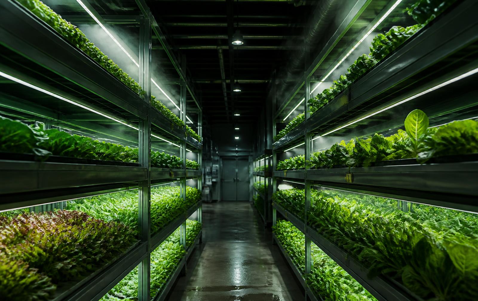 Rows of leafy greens growing under LED lights in a vertical farm